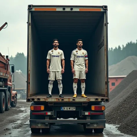 Generate a realestic image of christiano ronaldo and lionel messi standing in side of a benz tipper  trailer tipper with 18 wheels and white cabin and grey high body in a stone crusher 