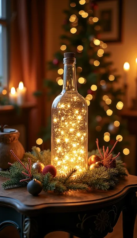  There is a small star light shining in the glass bottle、Christmas decorations are also included 、Very beautiful、 The room has a very nice interior 、 There is a bottle on an antique table 、 real、photograph