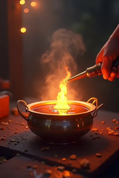 Animated image of a gasfiter torch heating a metal Paila with new oil inside and evaporation of water leaving the container 
