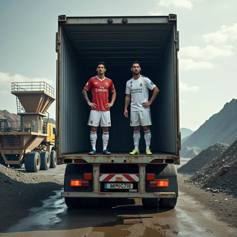 Generate a realestic image of christiano ronaldo and lionel messi standing in side of a benz tipper  trailer tipper with 18 wheels and white cabin and grey high body in a stone crusher 