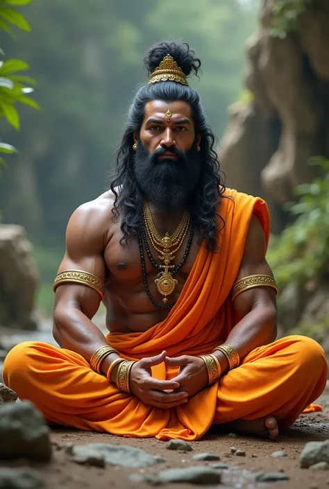 Create an image of Hanuman Ji with a muscular physique, seated in a meditative pose. Hanuman Ji should be wearing an orange robe, with long hair tied in a topknot. He should be adorned with golden armlets and bracelets. Beside him, place a large, ornate go...