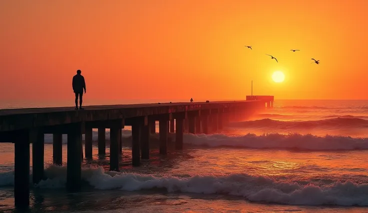 A lone figure standing at the end of a weathered pier, silhouetted against a golden-red horizon. The waves gently lap at the wooden posts, and gulls cry faintly in the distance. The scene captures the bittersweet beauty of yearning for what lies beyond.