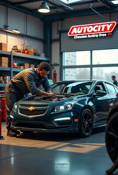 Create an automotive workshop with its autocity logo and that a Chevrolet brand car appears with an operator 