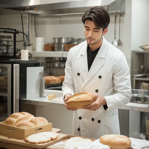 Handsome guy wearing a white coat making bread