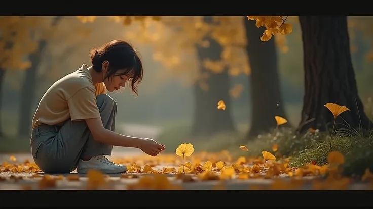  Beautiful autumn scenery picking up fallen leaves. Yellow Ginkgo Leaves .  Beautiful Korean Woman Picking Ginkgo Leaves.  short hair above the clouds.  white sneakers to pick up fallen leaves.