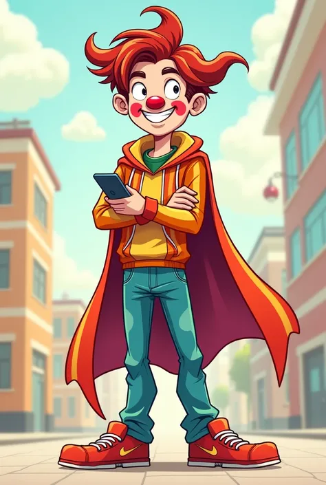 Cartoon-style image of a male teenager with a thin body disguised as a colorful clown superhero with ( clown makeup ) 
That you have a cell phone and headphones 