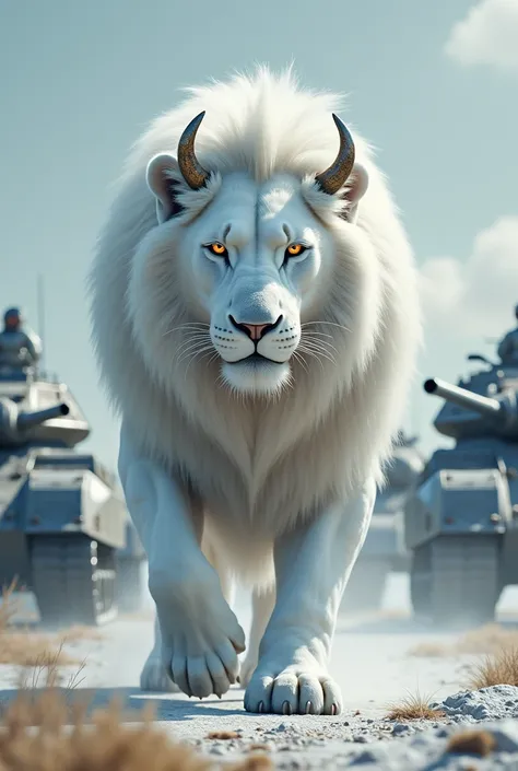 white lion 
Two horns on the head 
opposition  tanks
