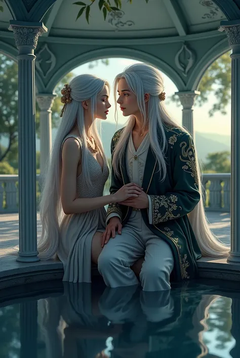  The Beautiful Swallow.  girl with long white hair,Beautiful Kunzite. / Malachite.  man with long white hair, European view of the stands ,  beautiful girl ,  beautiful skin ,Beautiful Body,green eyes ,naked. Anime style,  talking in a marble gazebo,young ...