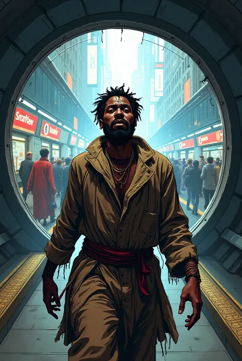  Comic-style image description:  a black man crosses the portal and appears , Wearing slave clothes from the 16th century ,  at a busy subway station  (salvador). He cringes , scared,  while looking at the modern scenery .