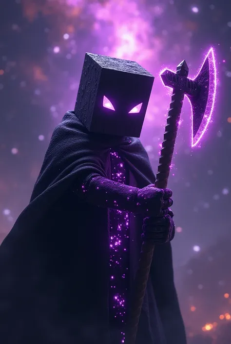 Image of a Minecraft entity in the form of a black Minecraft skin with a purple aura around its entire body clutching a galactic axe separating universes in space that the entity has a face in HD