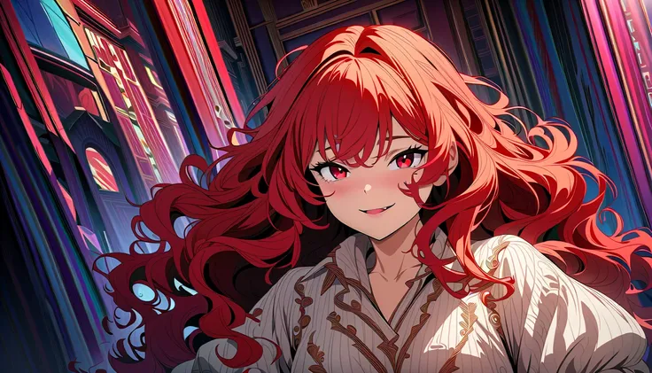 (masterpiece, Highest quality, Official Art:1.2), 
Looking at the audience, One Girl, alone, 
(red long hair, wavy hair) and (red eyes), (messy town), 
naughty face, spooky, 
Ultra-fine illustrations, highly detailed, Dynamic Angle, beautiful detailed, 8K,...