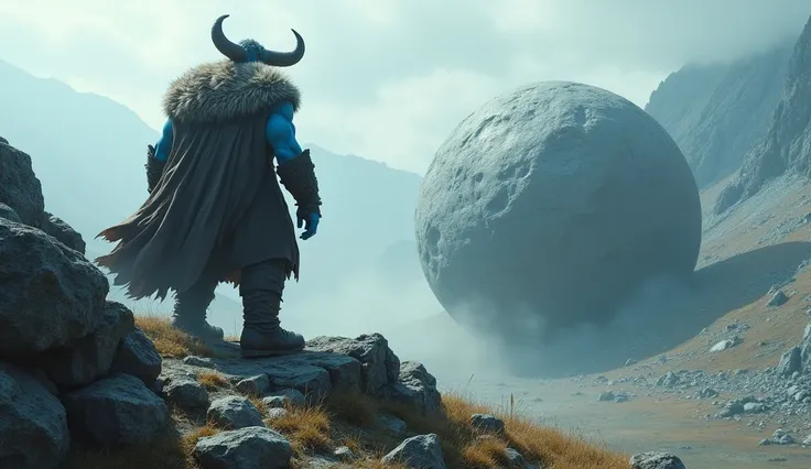 the large stone rolled down from side of the hill, in front of  Blue skinned giant( horns,fur-lined cloak,leather armor,and sharp claws)far distance image from top