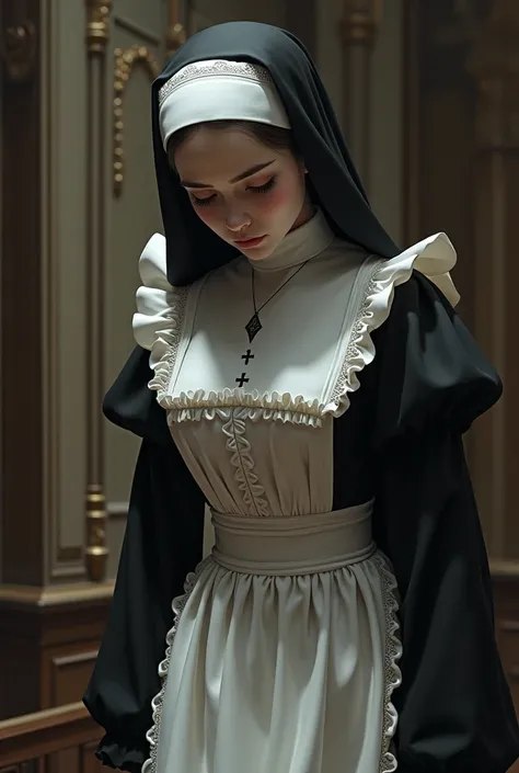 Female Nun wears maid outfit and bend down 
