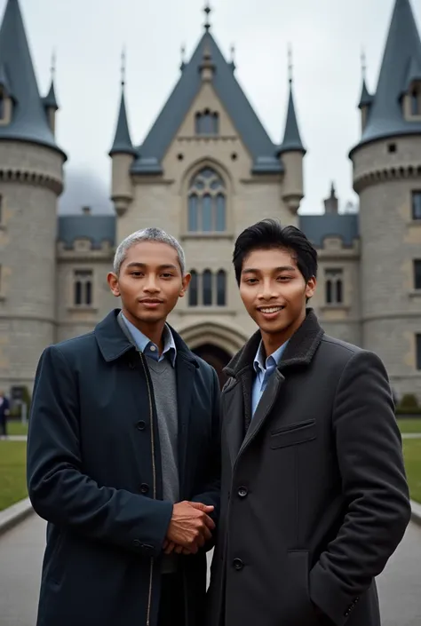 A man wearing a jas with a face similar to bara obama, takes a photo with an Asian man with, castle  in the background