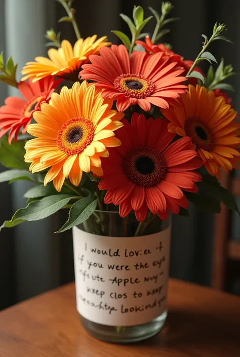  Bouquet of gerberas with the following phrase  ( I would love it if you were the apple of my eye ,  the one I always want to keep close to and never stop looking