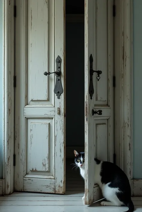 A slightly opened double sided locked door which is made of white coloured old wood and is located near an old thin  white staircase with a stair fence made of old white steel and a black patched cow Patterned adult Male Cat is peeping through the door wit...