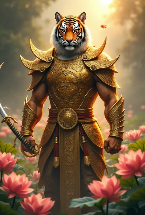 
	Imagine a tiger warrior clad in golden armor adorned with intricate patterns symbolizing unity and tradition. The warrior wields a curved sword glowing with divine energy and stands amidst a field of lotus flowers, exuding courage and wisdom.
