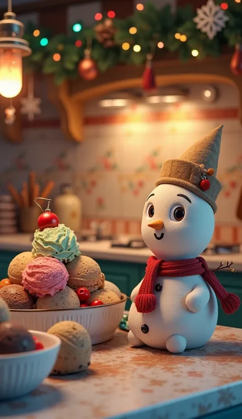 antique tile wall 、 delicious ice cream、 Christmas decorations 、 fancy kitchen、snowman ice cream