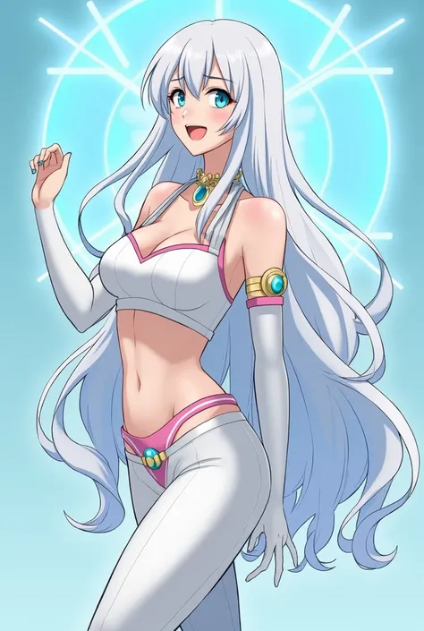  My Hero Academy Hair : Long and white ,  with braided locks 
 • Eyes :  Sky Blue , con un brillo que parece reflejar la pureza de su magia mientras tiene ropa breasts, Open mouth, breasts, Senos grandes
Open mouth, language,  From behind , 