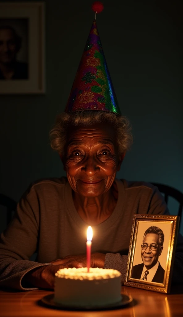 An elderly black woman sits alone at a table, wearing a colorful party hat. Your eyes are full of tears,
and a painful smile suggests a mixture of sadness and nostalgia. In front of her is a small and simple
birthday cake with a single candle lit, casting ...