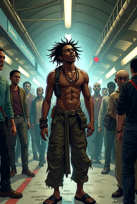  Comic-style image description: Teenage black slave goes through a portal and shows up at a subway station, busy, With torn slave clothes . He cringes , scared,  while looking at the modern scenery .