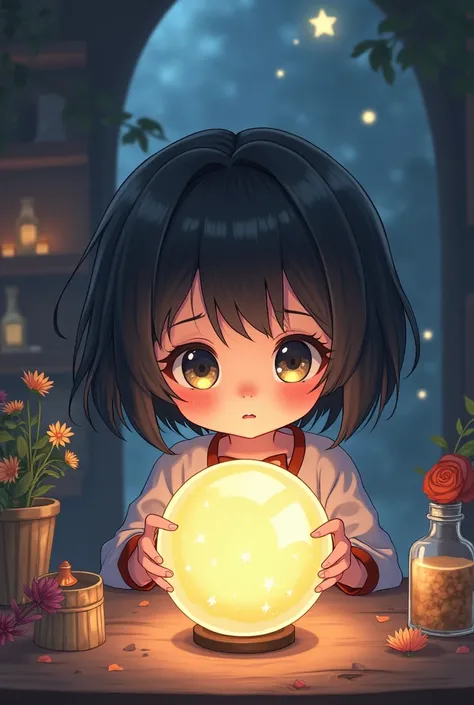 Chibi character of a tender girl, With short black hair,  guessing the future in her crystal ball.

