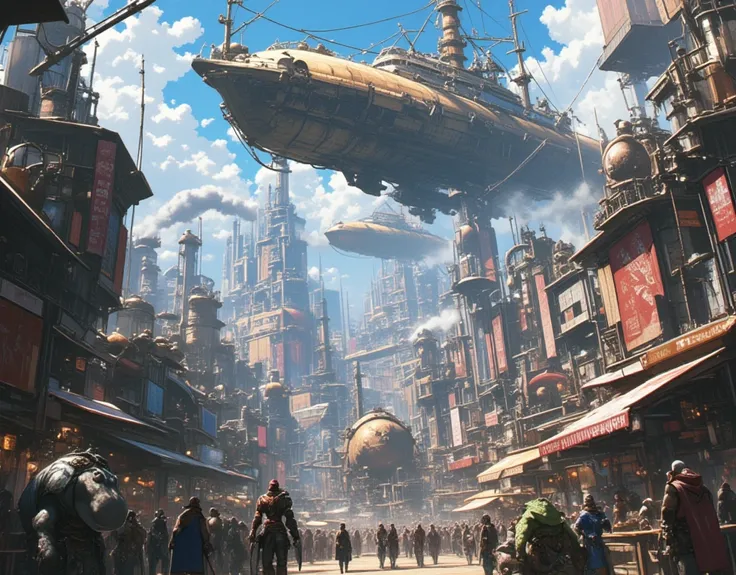  STEAMPUNK CITY ,Steampunk flying boat が飛んでいる様子を下から見上げる,Steampunk Costume,獣People walking,People walking,(Hippopotamus ),( lizard human), steampunk stalls , STEAMPUNK CITY ,final fantasyⅫ,Steampunk flying boat , STEAMPUNK CITY ,vapor,fog, Details, top qual...