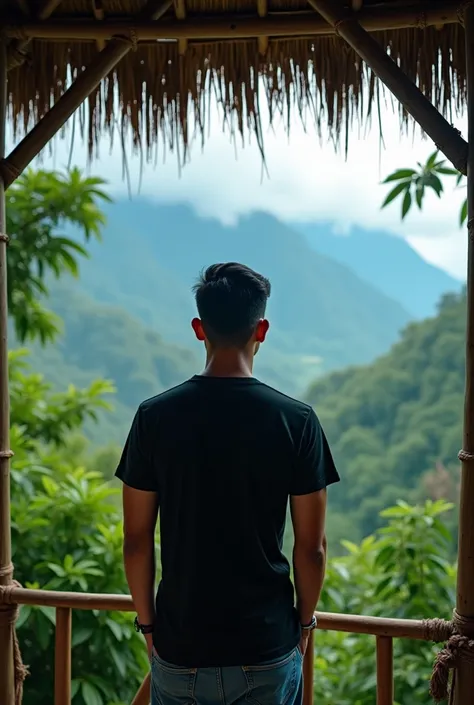  Full from a distance Indonesian asian guy 27 years old short haired neat sweet macho.  wearing a black t-shirt it says ,  and wearing jeans . From far away I was sitting holding a cup of coffee inside a bamboo hut on the branches of a very tall tree with ...