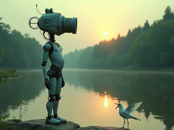 A surreal scene featuring a humanoid figure with a vintage camera integrated into its head, blending industrial and biological elements. The figure stands at the edge of a serene, still lake, surrounded by lush, green forests. The reflection of the figure ...