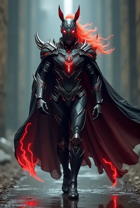 Image of the full-body character walking.  Kamen Cavalgador has armor with a futuristic and mystical design ,  combining traditional elements of Brazilian folklore with technological influences.  Its armor is predominantly black with silver details , with ...