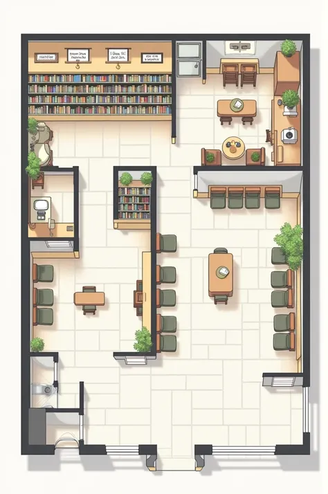  Creates an image an architectural plan of a business half cafeteria and half bookstore must include the kitchen area where the desserts and meals that will be sold in the cafeteria will be made for consumption and sale by people there must be chairs the p...