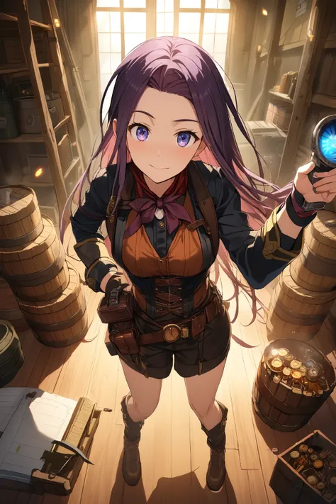 1 girl, (sly face), 19 years old, (long hair flowing:1.2), (playful wink), small breasts, slim, (wearing fitted steampunk rogue attire:1.4), above knee length, (utility belt with gadgets), BREAK  
Abandoned warehouse, crates and barrels, (planning a heist:...