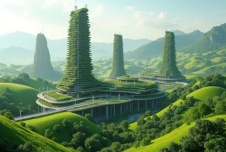 city with vertical farming. Surrounded by vast grasslands and enveloped in rolling hills