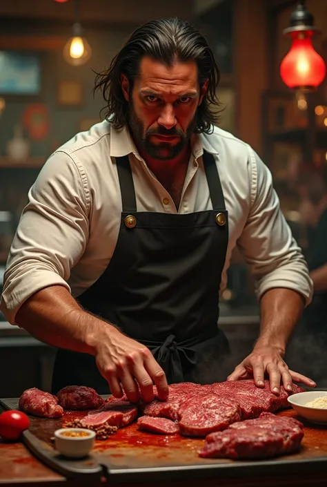 Jon berntal, with long hair, working in a churrascaria