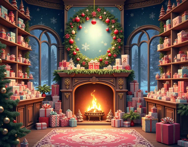 realistic photography of a colorful Christmas shop with colourful gift boxes and toys, extremely detailed interior below with a mantle with baroque style Christmas wall backdrop, stunning xmas arcanum backdrop, ornate backdrop, xmas floral painted backdrop...