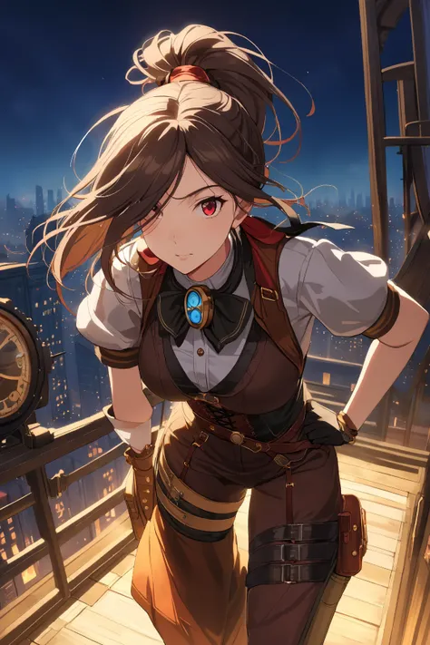 1 girl, (confident face), 20 years old, (medium hair in a ponytail:1.2), (determined gaze), large breasts, slim, (wearing stylish steampunk bandit outfit:1.4), short sleeve, (mask covering eyes), BREAK  
Moonlit rooftop, city skyline, (preparing to leap:1....