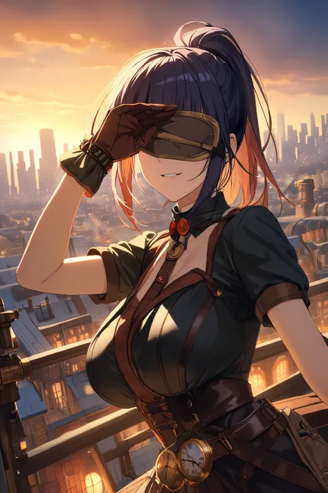 1 girl, (confident face), 20 years old, (medium hair in a ponytail:1.2), (determined gaze), large breasts, slim, (wearing stylish steampunk bandit outfit:1.4), short sleeve, (mask covering eyes), BREAK  
Moonlit rooftop, city skyline, (preparing to leap:1....