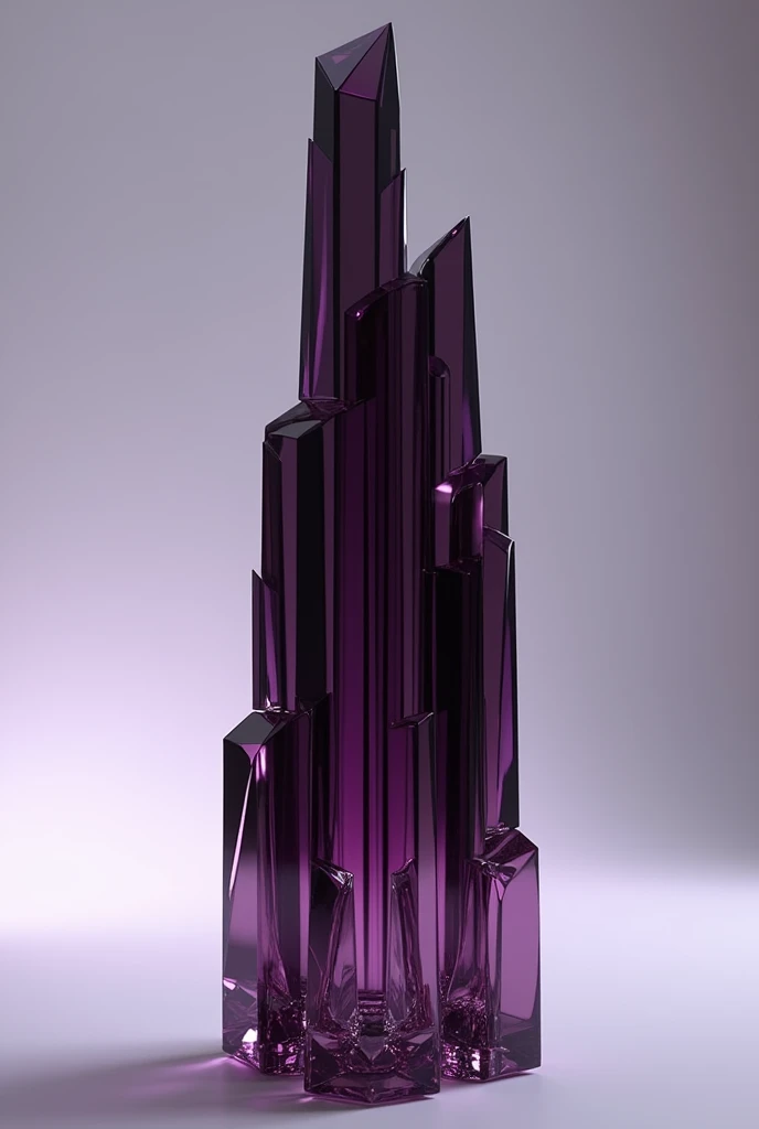 I want you to make the shape of a perfume bottle that has a long crystal shape that looks like similar buildings with several buildings 
 Long and make it dark purple 