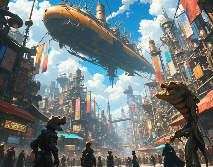  STEAMPUNK CITY ,Steampunk flying boat が飛んでいる様子を下から見上げる,Steampunk Costume,獣People walking,People walking,(Hippopotamus ),( lizard human), steampunk stalls , STEAMPUNK CITY ,final fantasyⅫ,Steampunk flying boat , STEAMPUNK CITY ,vapor,fog, Details, top qual...