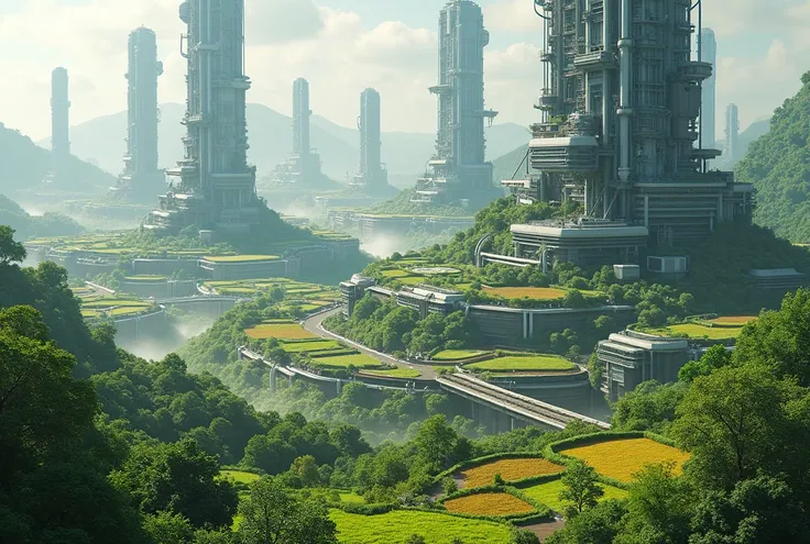 city with vertical farming, landscape is a stunning patchwork of fertile fields, high-tech farming complexes, and towering structures dedicated to sustainable crop production