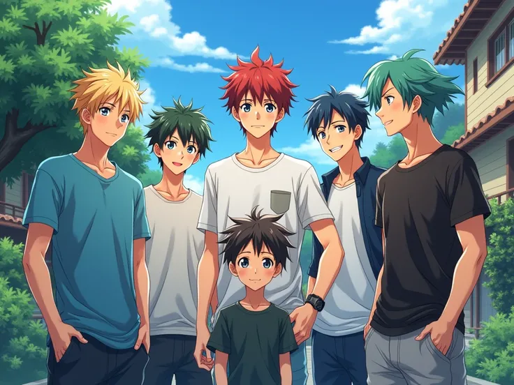 An anime picture of five 18 year old men and a  younger boy