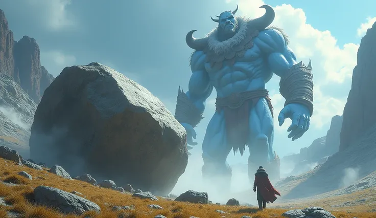 the large medium  stone rolled down from side of the hill to the bottom ,in front of  Blue skinned giant( horns,fur-lined cloak,leather armor,and sharp claws)far distance image from top