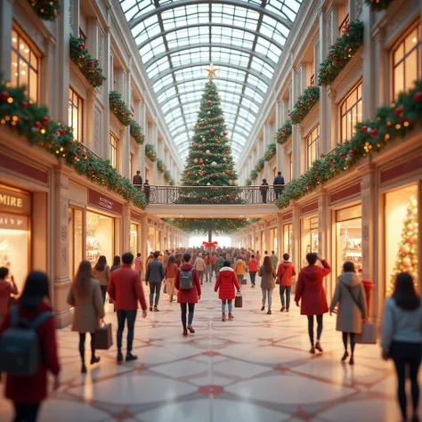 a 3d animated style image of a mall with people doing Christmas shopping