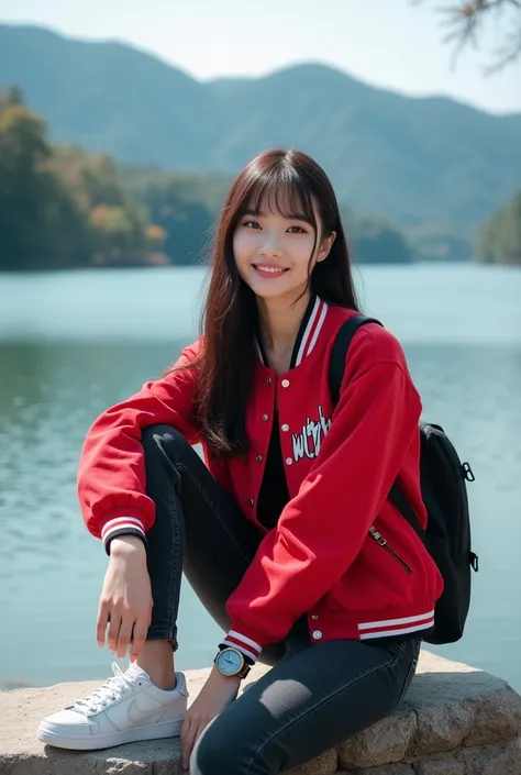  A beautiful girl of Korean race thin smile long straight hair bangs wears shirt red baseball jacket with inscription "with",black jeans, Nike white sneakers ,wear a watch , black backpack bag sitting on the lake while turning his head sideways with a beau...