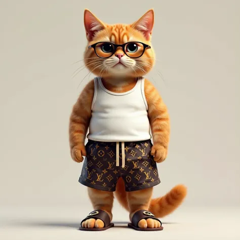 8k, UHD, hyper realistic, brown cat, wearing LV shorts. white tank top. and slide sandals