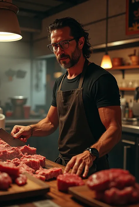 Jon bernthal, with long hair, glasses, working in a churrascaria