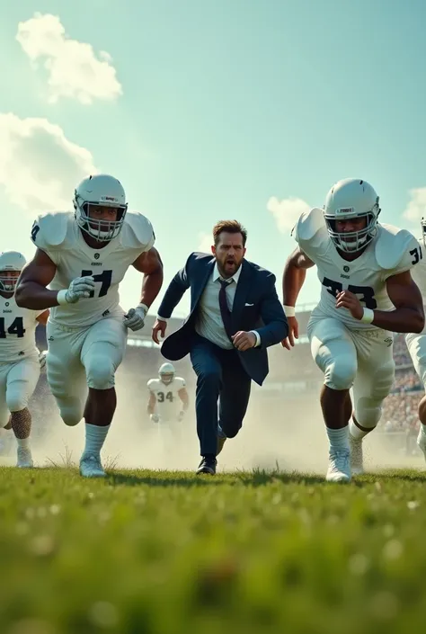 Picture an American football field under a clear sky. Three American football players, all dressed in white uniforms and shiny helmets, are running at full speed. Their muscles are tensed and their faces show a mix of determination and effort. They are foc...