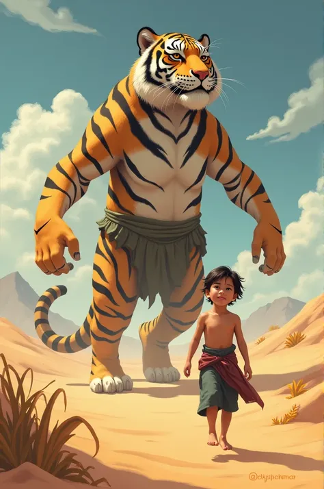 A young boy wearing sarung and peci walks accompanied by a huge tiger tail in the desert and the scenery is very beautiful.