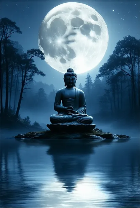 Prompt: "A Buddha statue in seated meditation under the full moon in a tranquil forest at night. The moonlight casts a silver glow over the statue, reflecting the stillness and quietude of the night. The cold, reflective light evokes the notion of ‘nirvana...