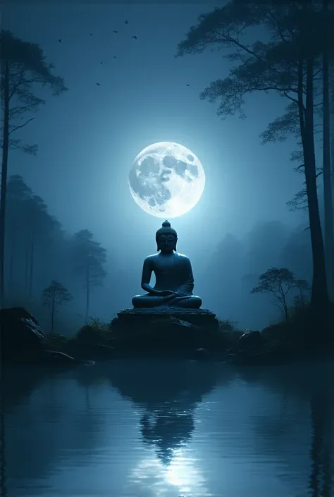 Prompt: "A Buddha statue in seated meditation under the full moon in a tranquil forest at night. The moonlight casts a silver glow over the statue, reflecting the stillness and quietude of the night. The cold, reflective light evokes the notion of ‘nirvana...